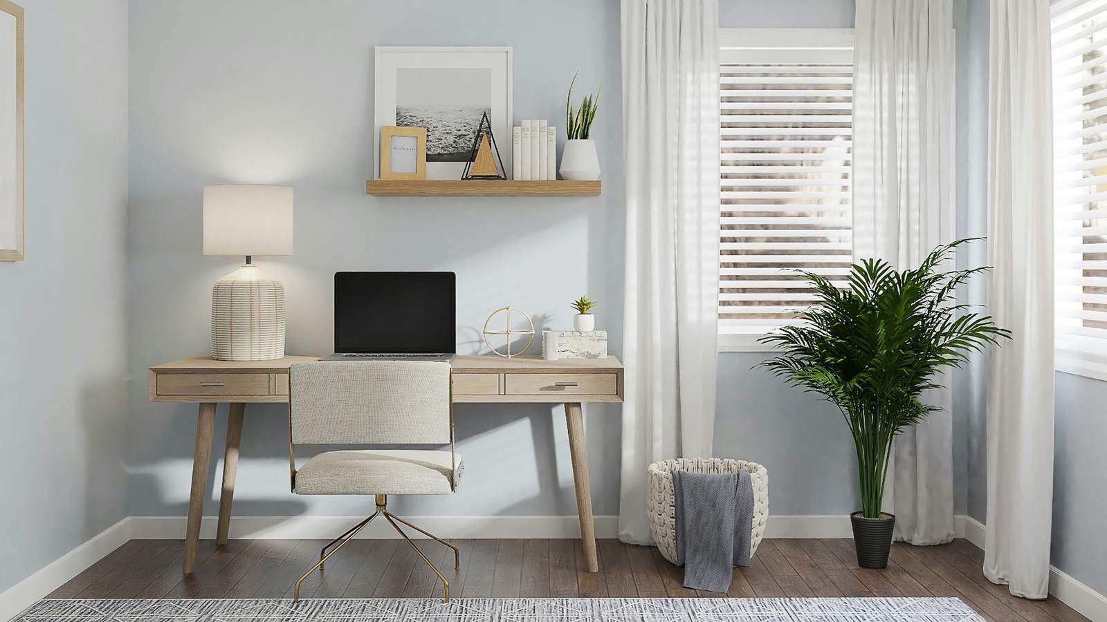 Bright white home office with a wooden desk and natural light