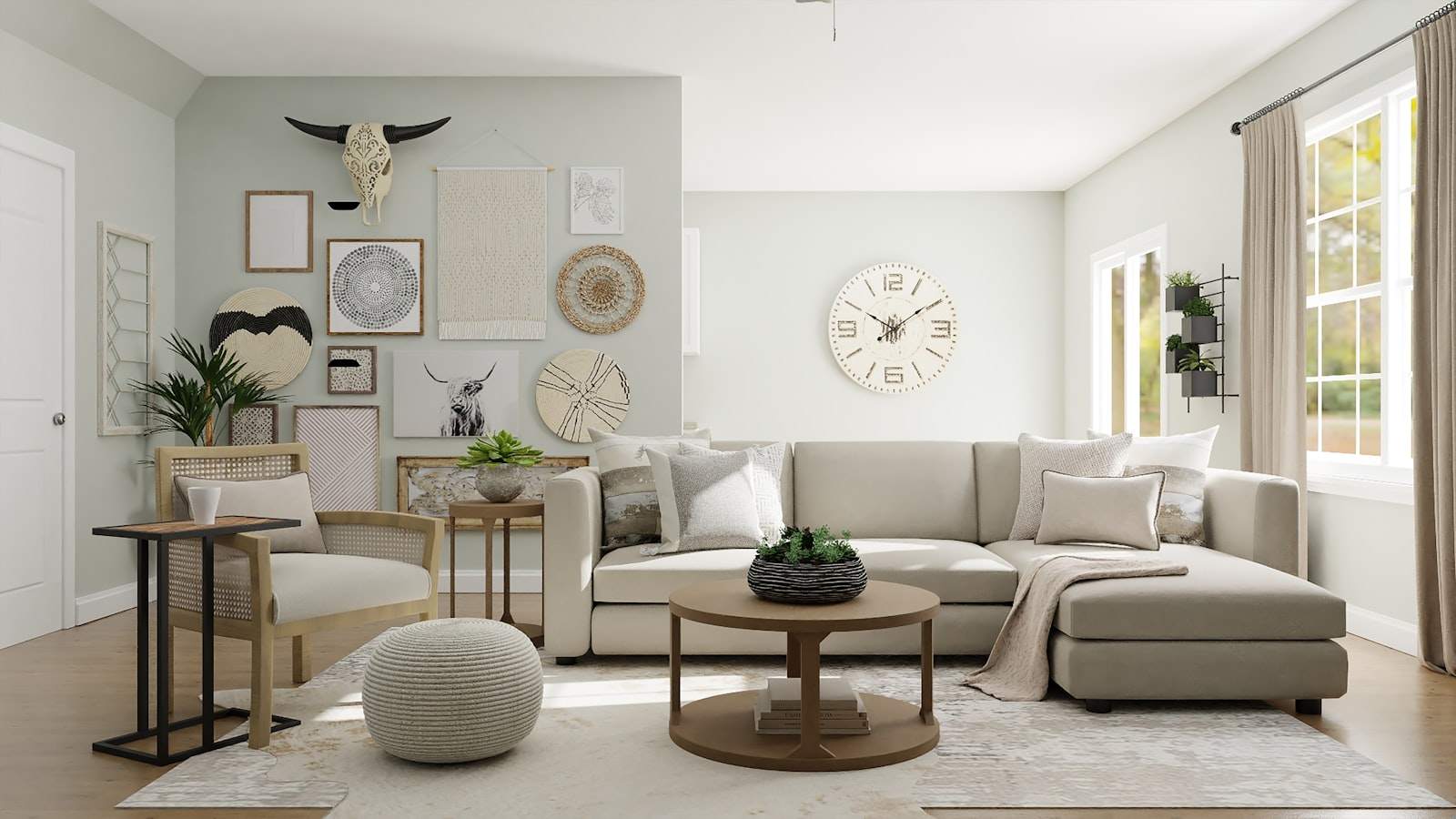 Neutral sage living room filled with daylight